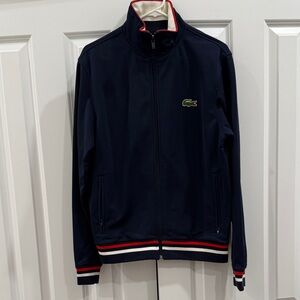 Lacoste Men's Dark Blue Windbreaker with Red and White Trim (Medium)